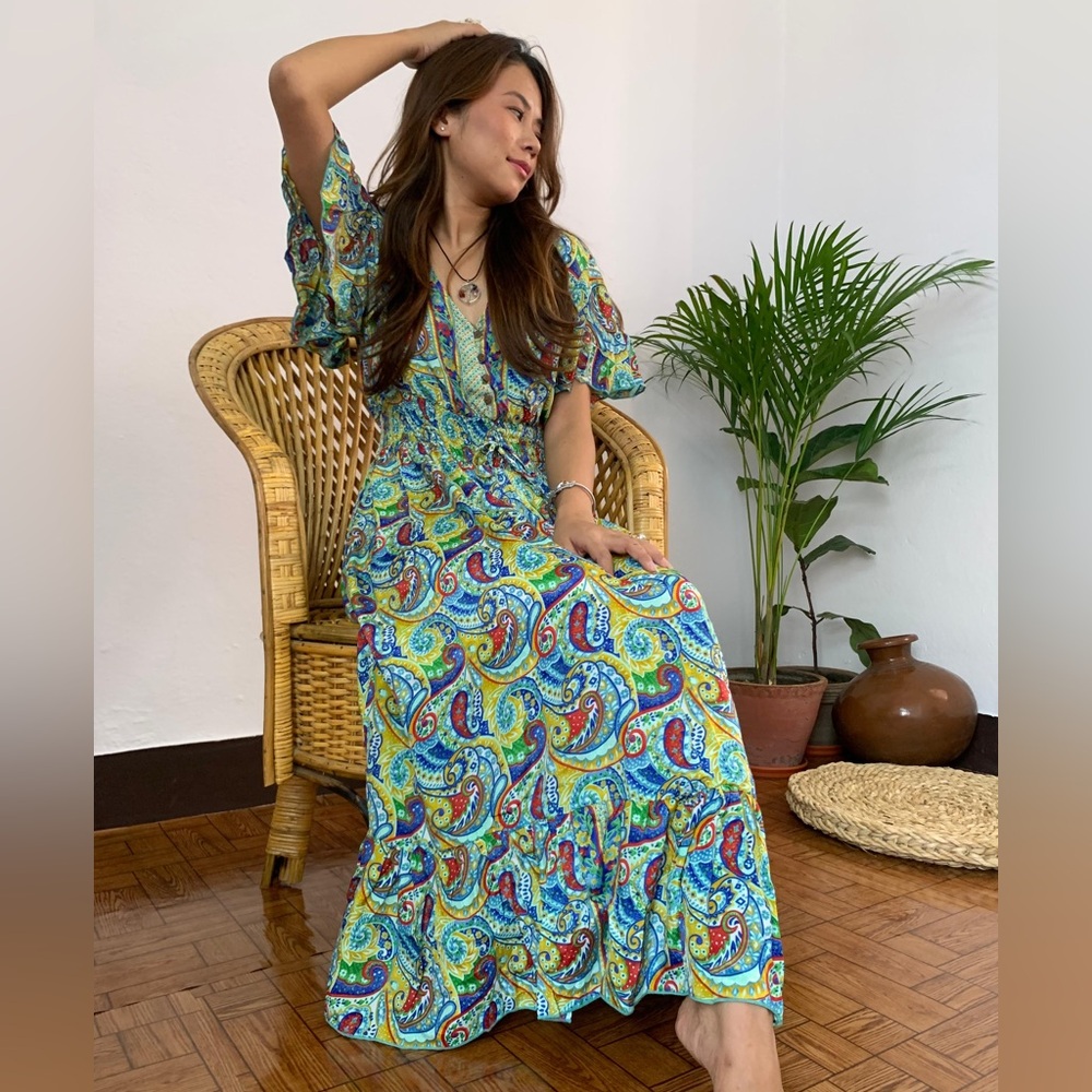 Paisley Print Half Butterfly Sleeves Midi Dress